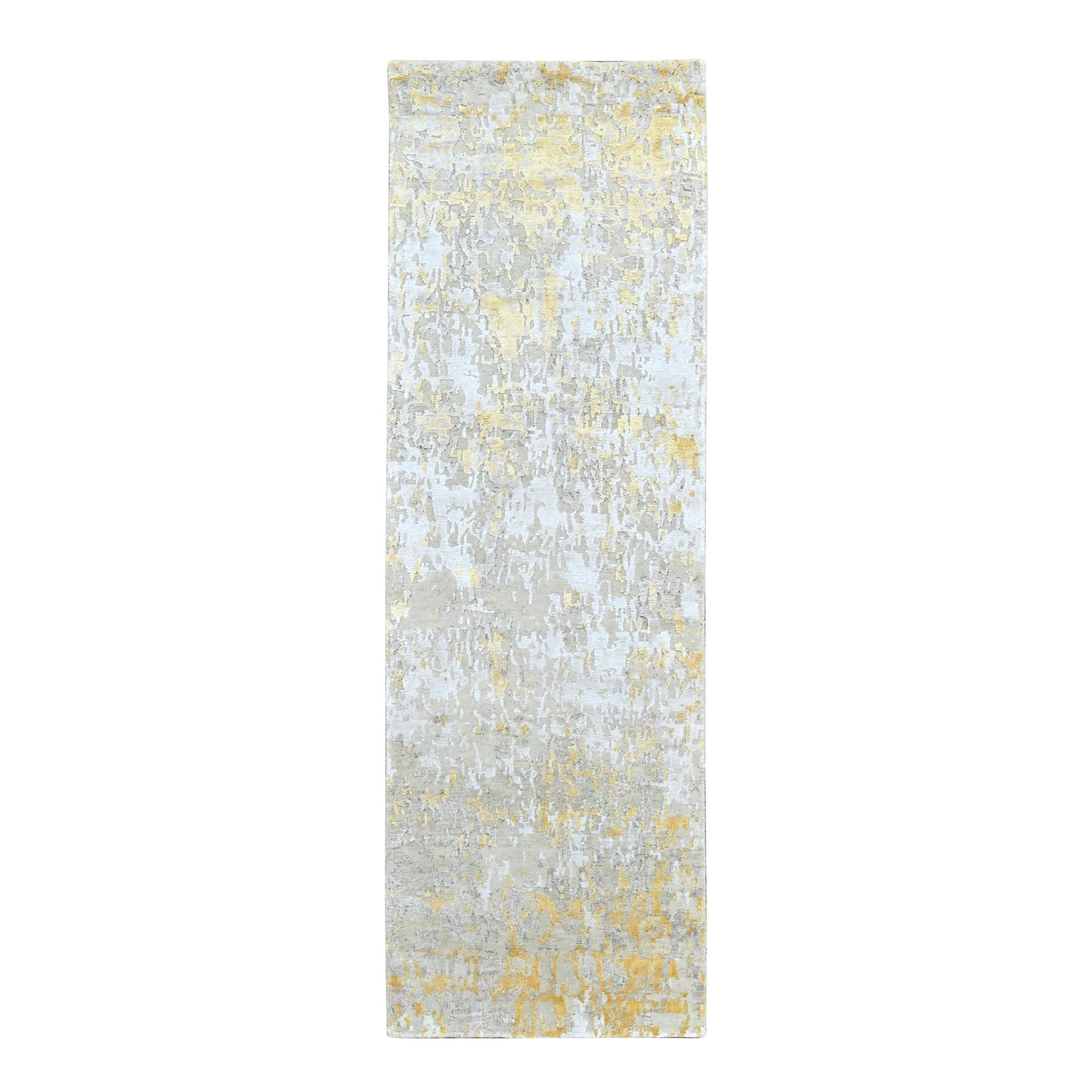 Beige with Gold, Abstract Design, Wool and Silk, Hi-Low Pile, Densely Woven, Hand Knotted, Runner, Oriental Rug